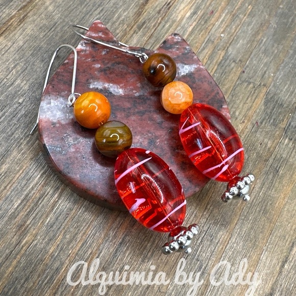 Cherry vibes crazy lace agate chunky slabs drops dangle earrings - Picture 1 of 7
